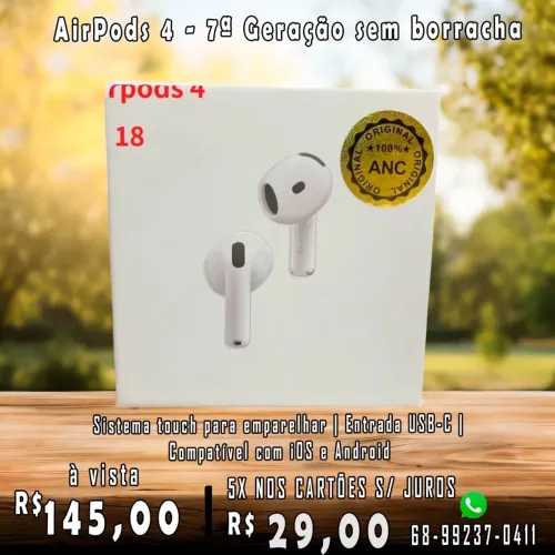 AirPods 4 - 7ª Geração sem borracha Sistema touch para emparelhar | Entrada USB-C 