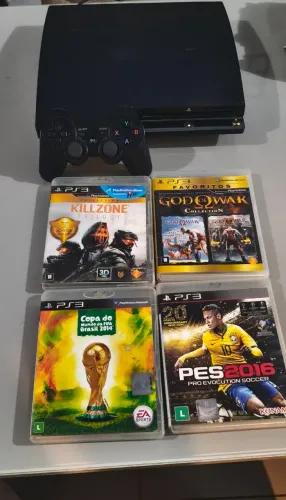 PS3 SLIM DESBLOQUEADO + 4 JOGOS + CONTROLE ? COM DEFEITO