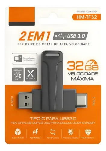 Pendrive Alta Velocidade 2 Em 1 Usb E Tipo C 32gb H`maston Cinza