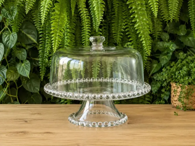 Boleira Prato Bolo Cristal Com Pé Tampa Pearl 31,2 cm