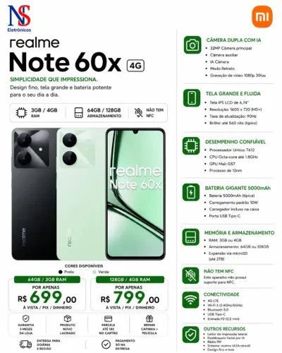 CELL REALME NOTE 60X 128GB 04GB RAM LACRADO VERDE PRETO ENTREGAMOS GRATIS