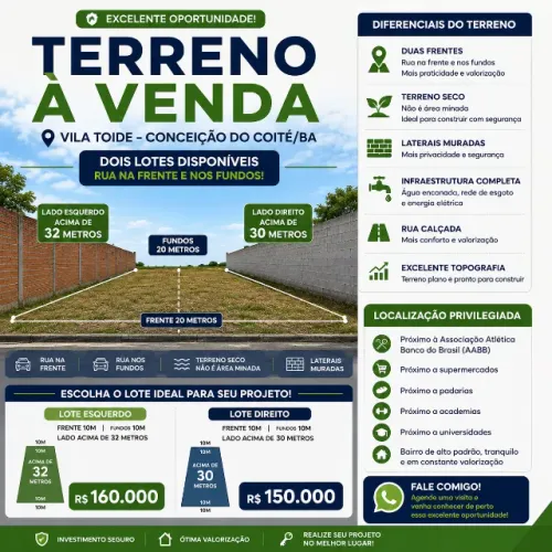 2 Lotes apartir 300m2 na Vila Toide | Terrenos Secos | Próximo à AABB | Rua Frente e Fundo