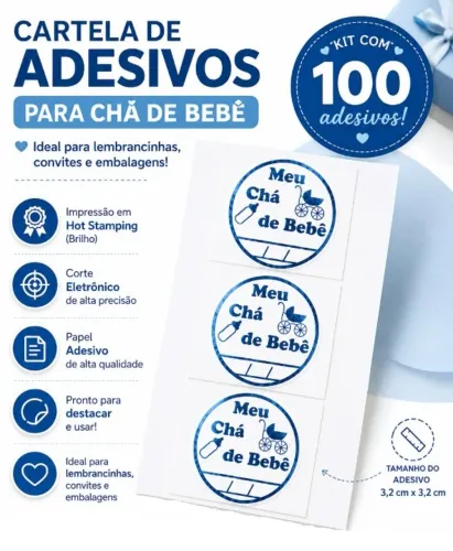 100 Etiquetas Rótulo Adesivo Azul Metalizado Meu Chá de Bebê