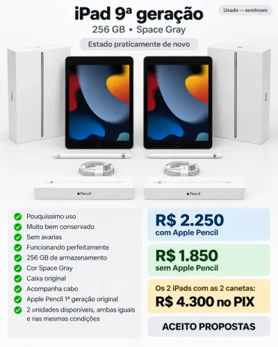 Apple iPad 9a Geração 256gb - Space Gray com Apple Pencil