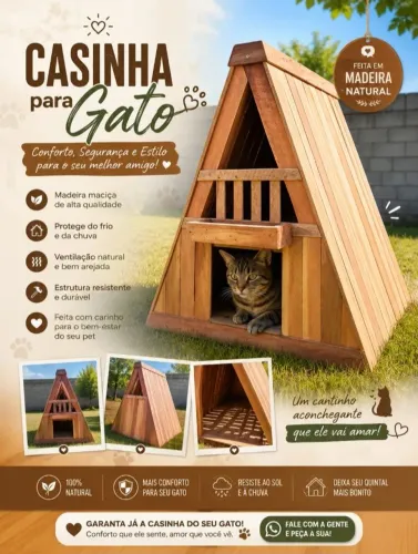 Chalé casinha para gatos e outros em madeira maciça rústica.
