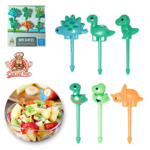 6 Mini Garfos Dinossauro Petiscos Frutas Fondue Carne Chocolates Plástico Infantil Kit
