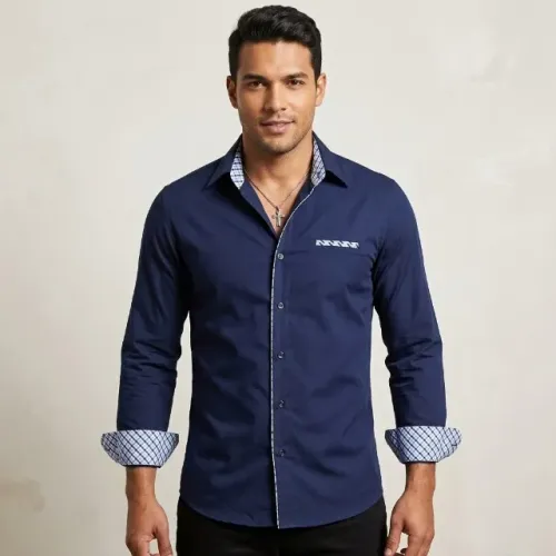 Camisa Social Masculina Slim Fit Manga Longa Azul Marinho com Detalhes