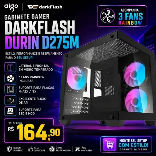 Gabinete Gamer Aigo Darkflash Durin D275M, Rainbow, Mid-Tower,L.Vidro, 3Fans, Preto, DC-D2