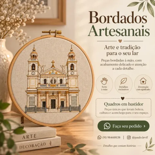 Quadro bordado Basílica de Nazaré em bastidor 20cm