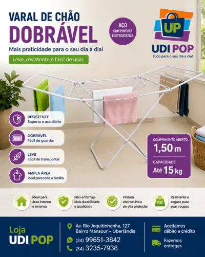 Varal de Chão Dobrável 1,50m - Praticidade