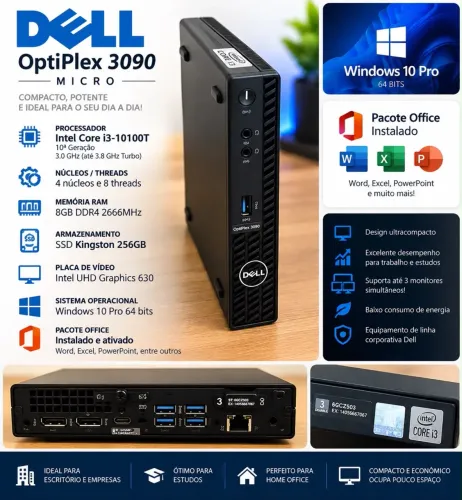 ? MINI PC DELL OPTIPLEX 3090 - INTEL CORE i3 10ª GERAÇÃO | SSD 256GB | 8GB RAM