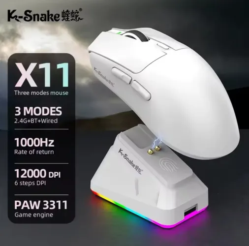 Mouse Gamer K-Snake X11 PAW3311 12000DPI 1000Hz 3 Modos RGB Carregamento Magnético<br>