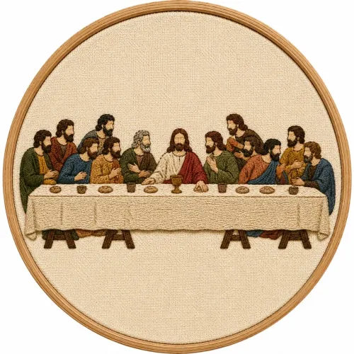 Quadro bordado Santa Ceia em bastidor 14cm