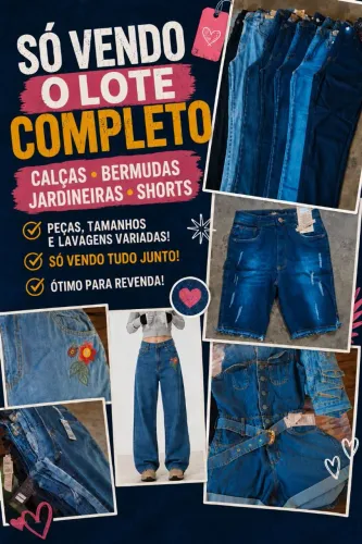 Lote de peças jeans ( 46 calças,15 bermudas, 7 jardineiras e 8 short.