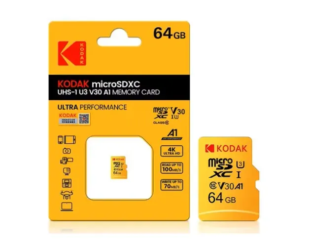 Cartões de Memória Kodak 64GB MicroSDXC - Classe 10 U3 V30 4K (Novo)