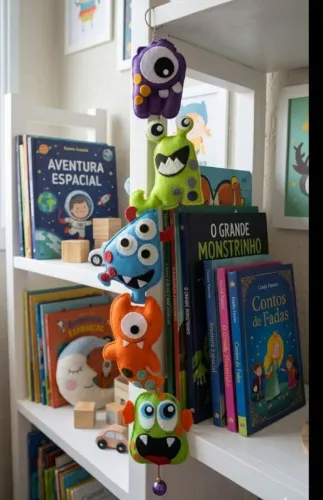 Móbile de monstrinhos em feltro, decoração quarto infanti, brinquedoteca, porta maternidad