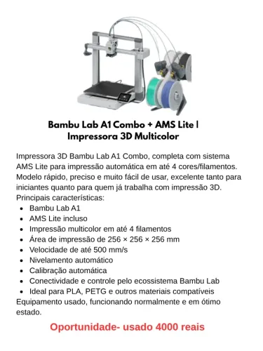 Bambu Lab A1 Combo + AMS Lite I Impressora 3D Multicolor