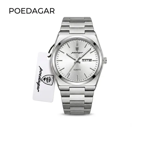 Relógio de Pulso Premium Lindo Poedagar Silver White 930 Inox Pulseira em Aço Inoxidável