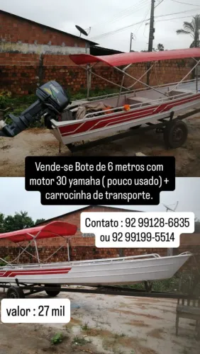 Vendo um bote de 6 m por 1,20 com capota marítima e motor 30 HP da Yamaha usada duas vezes