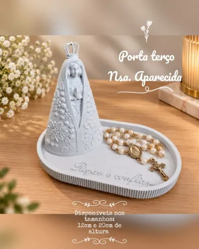 Nossa Senhora 3D Marmorizada com Bandeja Porta-Terço - 13 cm ou 20 cm