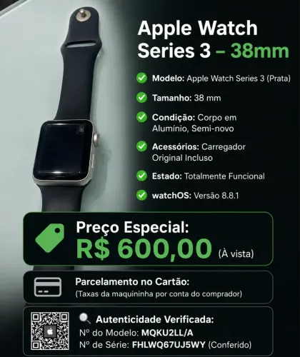 Apple Watch Series 3 38mm Prata - Funcionando Perfeitamente