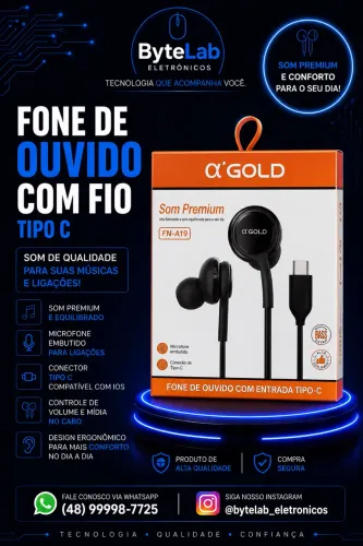 FONE INTRA-AURICULAR PRETO COM FIO TIPO C