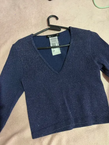 blusa de tricô canelado lurex azul marinho