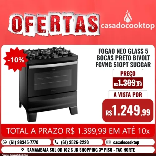 FOGAO NEO GLASS 5 BOCAS PRETO BIVOLT FGVNG510PT SUGGAR