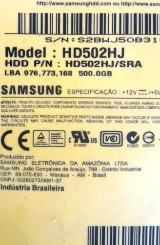 HD Samsung 500GB. Modelo: HD502HJ. Padrão SATA.
