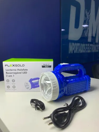 Lanterna Holofote Recarregável LED 2 em 1 Flexgold FX-LT-17 Azul com Luz Lateral e Alça