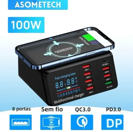 Carregador Rápido Inteligente Asometech 8 Portas Usb, 100W, 3.0QC, PD30