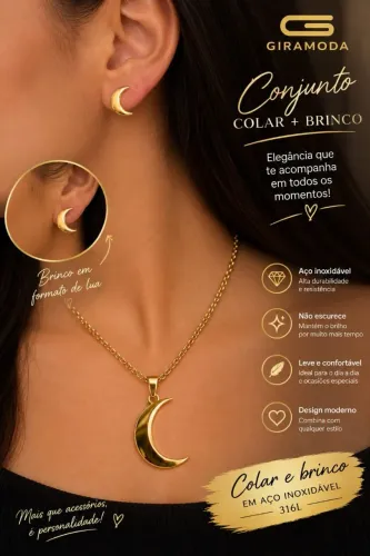 Conjunto colar e brinco lua dourado aço inox