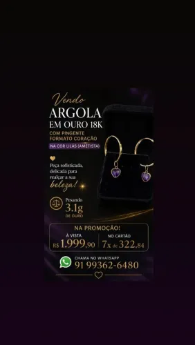 Argola em Ouro 18k com Pingente em coração (Ametista)