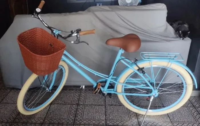 bicicleta retro vintage azul com cesta regulada 6 marchas food bike adulto aro 26