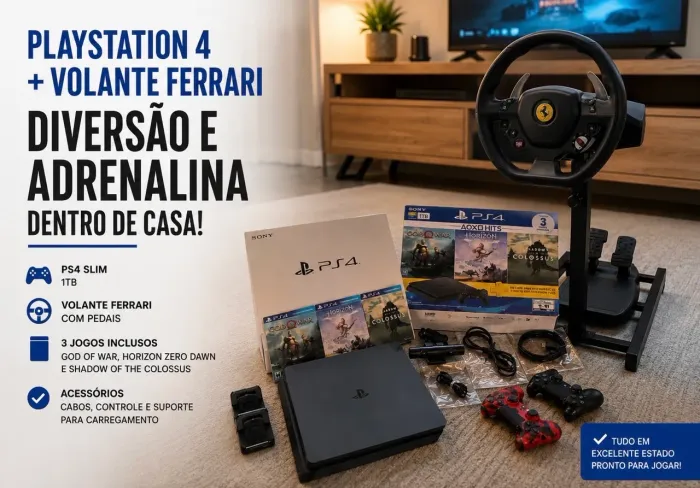 PS4 Slim 1TB Bundle + Volante Thrustmaster T80 Ferrari 488 + Cockpit | Kit Simulador