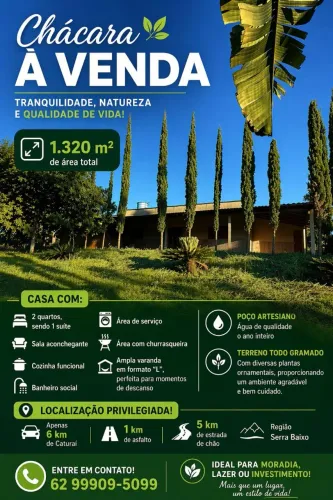 Chácara a venda a 6 km de caturaí e a 16 km de Inhumas