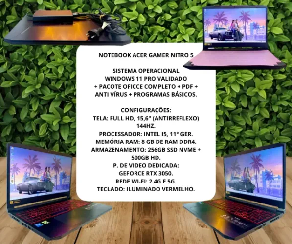 NOTEBOOK ACER GAMER NITRO 5 - I5, 11° - 8GB RAM - 256GB SSD NVME + 500GB HD - P. DE VÍDEO
