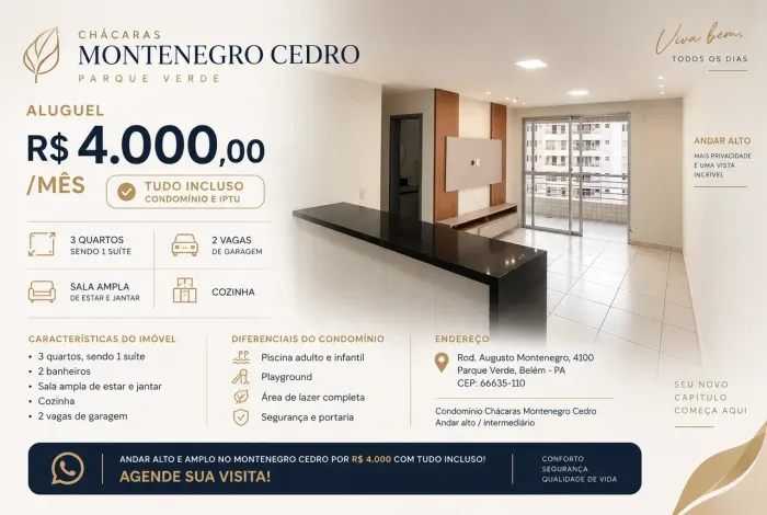 Chácaras Montegro para aluguel possui 88 metros quadrados com 3 quartos em Parque Verde - 