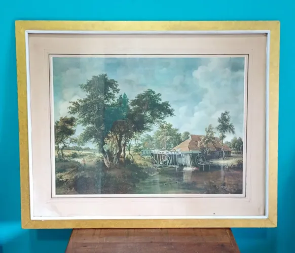Antiga gravura com moldura em madeira <br>Casa no campo