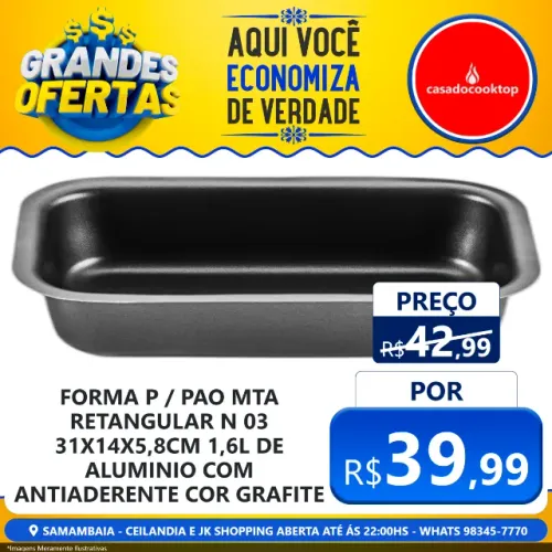 Forma p/pao mta retangular n. 03 31x14x5,8cm / 1,6l  - de aluminio com antiaderente cor gr