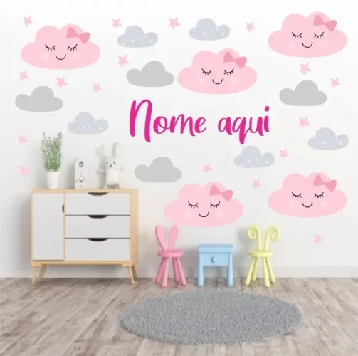 Adesivo Personalizado para quarto de bebê nuvens com nome da criança infantil baby