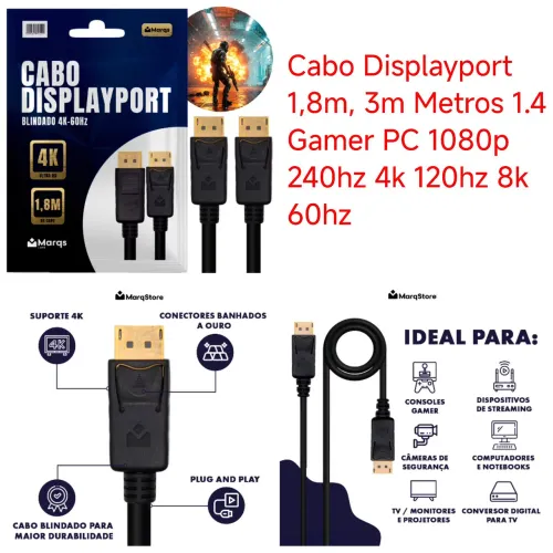 Cabo Displayport 1.4 Gamer 4K 120Hz 8K 60Hz