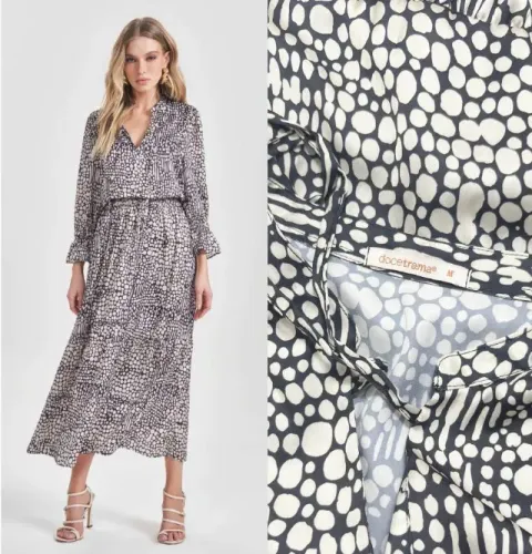 doce trama - vestido midi manga 3/4 cetim gloss preto & branco