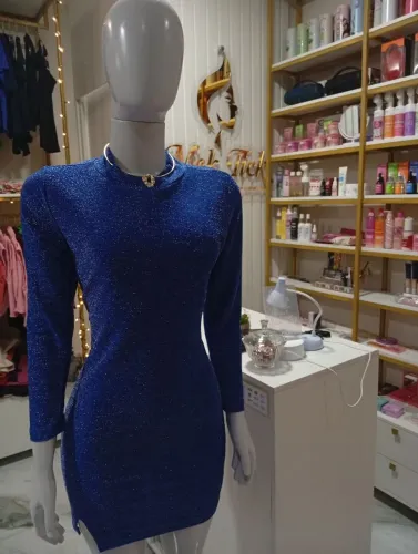Vestido Azul no lurex Mangas Compridas para Festas