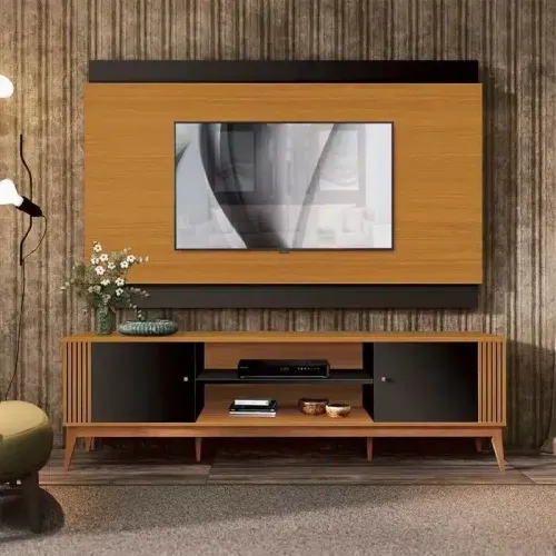 KIT RACK LEGACY + PAINEL LEGACY 2.0 COM 2 PORTAS E DETALHES RIPADO - TV ATÉ 75 POL stok