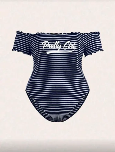 Body Feminino Plus Size Listrado Azul Branco