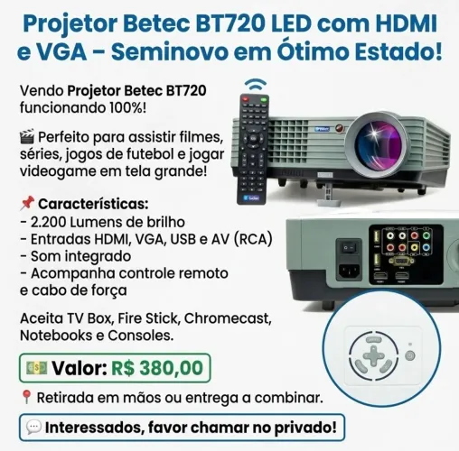 Projetor Betec BT720 LED com HDMI e VGA - Seminovo em Ótimo Estado!