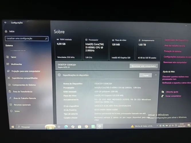 Notebook acer ótimo estado. configurações do notebook na imagem 