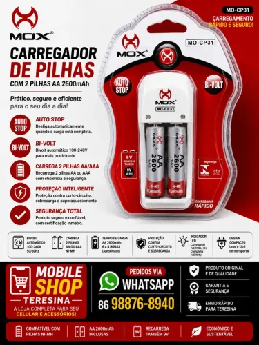 Carregador de Pilhas MOX MO-CP31 com 2 Pilhas AA 2600mAh Bivolt - Novo