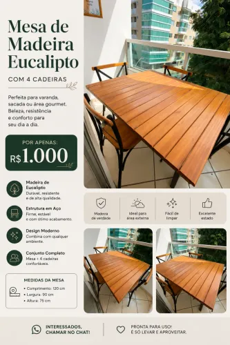     Mesa de Madeira Maciça com 4 Cadeiras - R$ 1.000